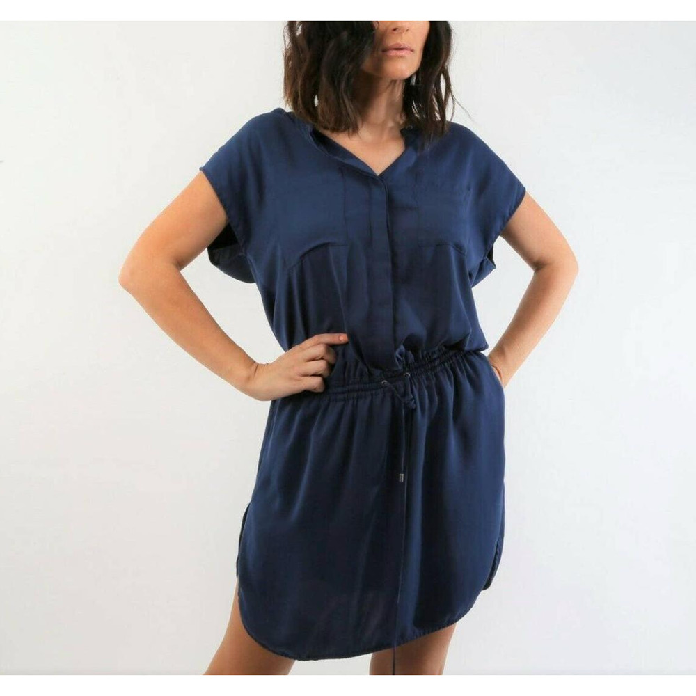Vince Navy Blue Dress Drawstring Waist Side Pockets Cap Sleeve Shirt Dress